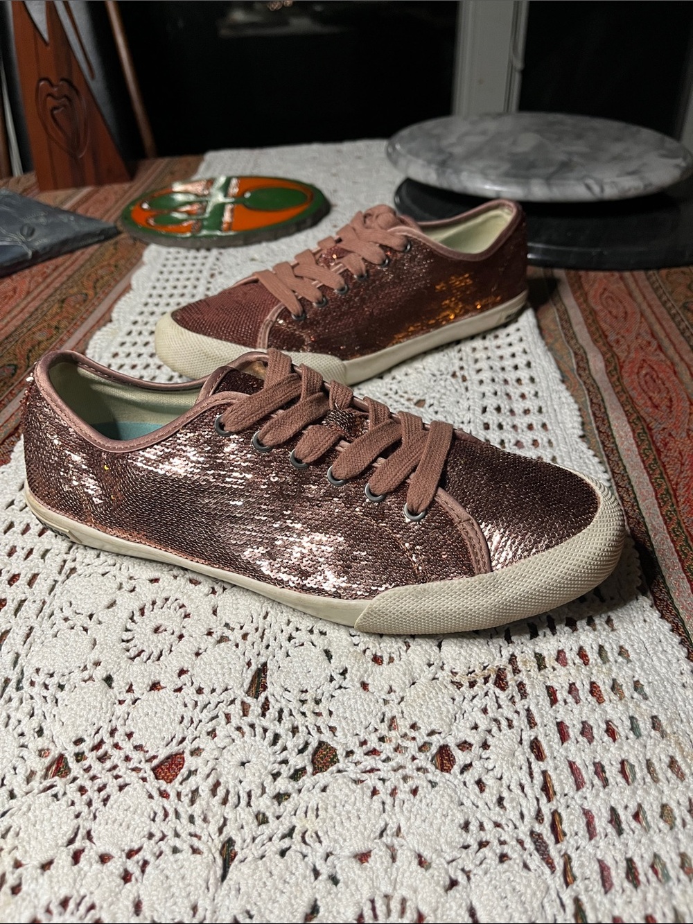 SeaVees Monterey Cambria Sneakers rose gold sequins woven